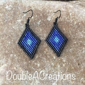 Blue Diamond Beaded Earrings, New, Handmade by Me